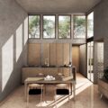 Render de sala comedor en casas gemelas de trino diseño con acabados en concreeto y madera