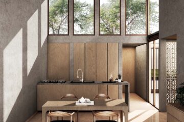 Render de sala comedor en casas gemelas de trino diseño con acabados en concreeto y madera