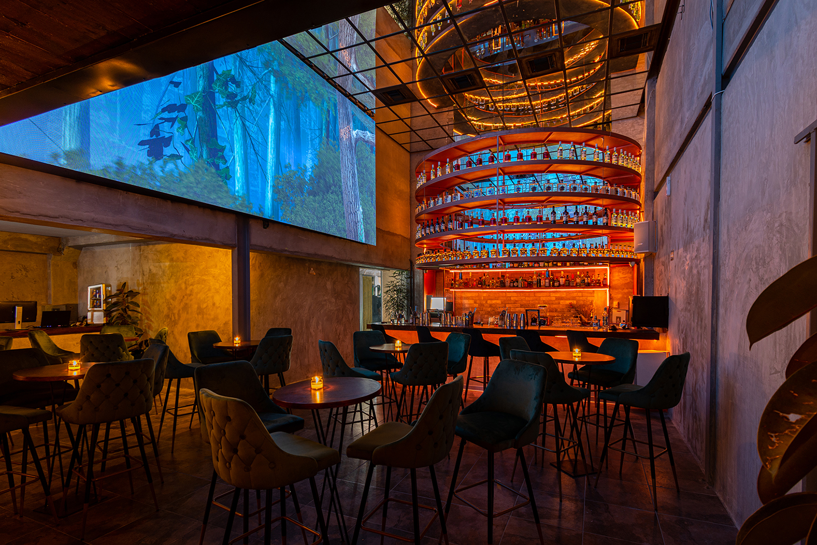 Disco en aguascalientes restaurante bar con diseño moderno acabados en tonos olivo con espejos en el techo pantallas simulando un acuario