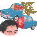 Ilustración surrealista a color de auto clásico azul con plantas y rostro de hombre Ilustración por Jaime Gutiérrez