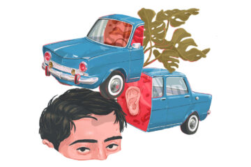 Ilustración surrealista a color de auto clásico azul con plantas y rostro de hombre Ilustración por Jaime Gutiérrez