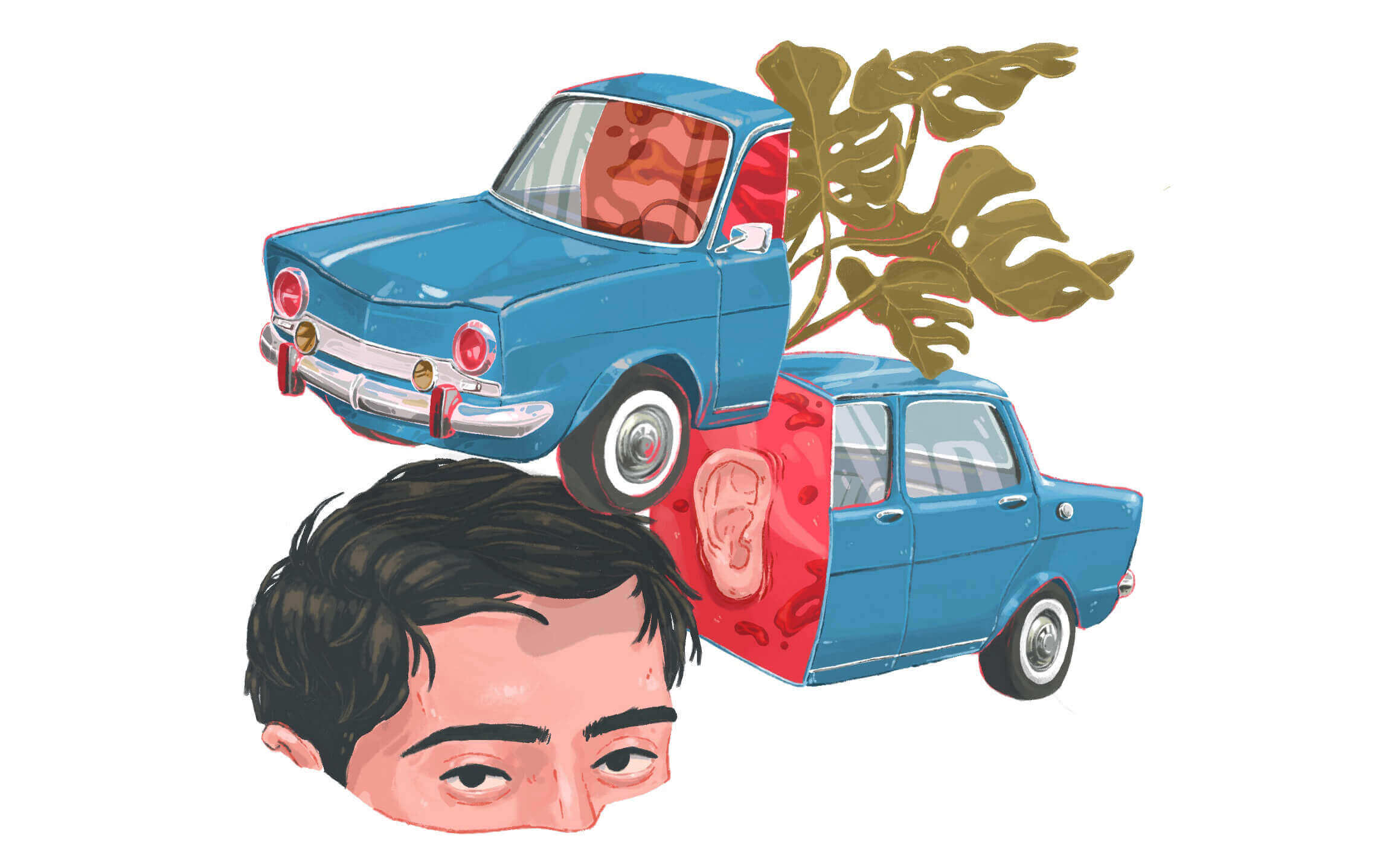 Ilustración surrealista a color de auto clásico azul con plantas y rostro de hombre Ilustración por Jaime Gutiérrez