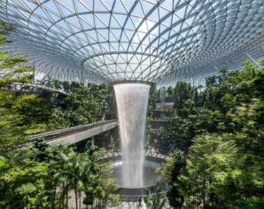Cascada interior en aeropuerto de Singapur con vegetación alrededor