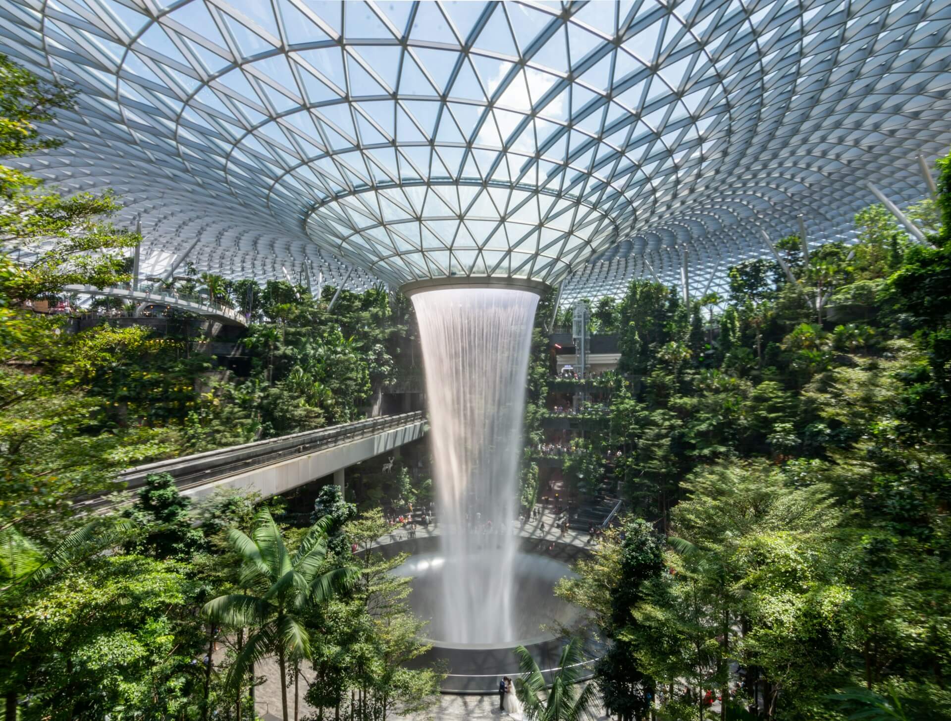 Cascada interior en aeropuerto de Singapur con vegetación alrededor