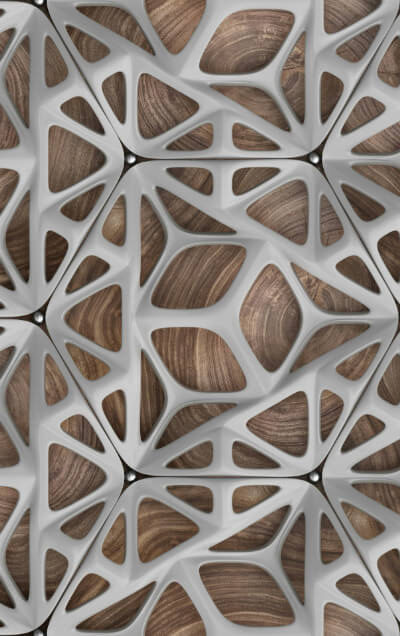 Modulo hexagonal blanco con madera de fondo inspirado en la naturaleza con biomimésis